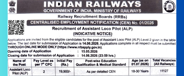 Indian Railway Recruitment 2026: ನಿರುದ್ಯೋಗಿಗಳಿಗೆ ಭರ್ಜರಿ ಅವಕಾಶ! 11,127 ಲೋಕೋ ಪೈಲಟ್ ಹುದ್ದೆಗಳಿಗೆ ಅರ್ಜಿ ಆರಂಭ — ಅರ್ಹತೆ, ವೇತನ, ಆಯ್ಕೆ ಪ್ರಕ್ರಿಯೆ ಸಂಪೂರ್ಣ ಮಾಹಿತಿ